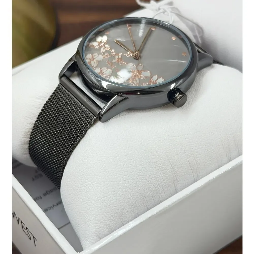 Nine West Floral Dial Mesh Watch NW/2429FLGY Gunmetal Rose Gold NIB